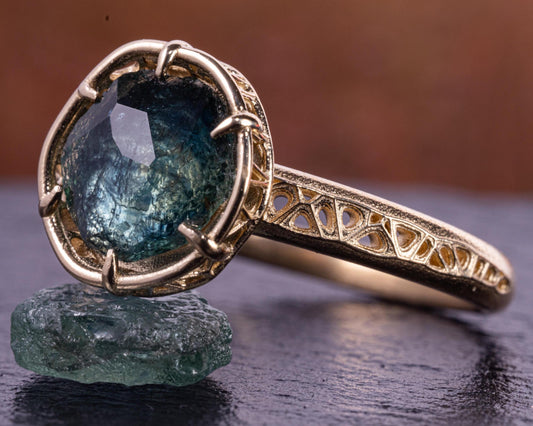 Montana Sapphire Ring in 14k Yellow Gold – Blue Green Sapphire, Organic Prong Setting, One of a Kind 