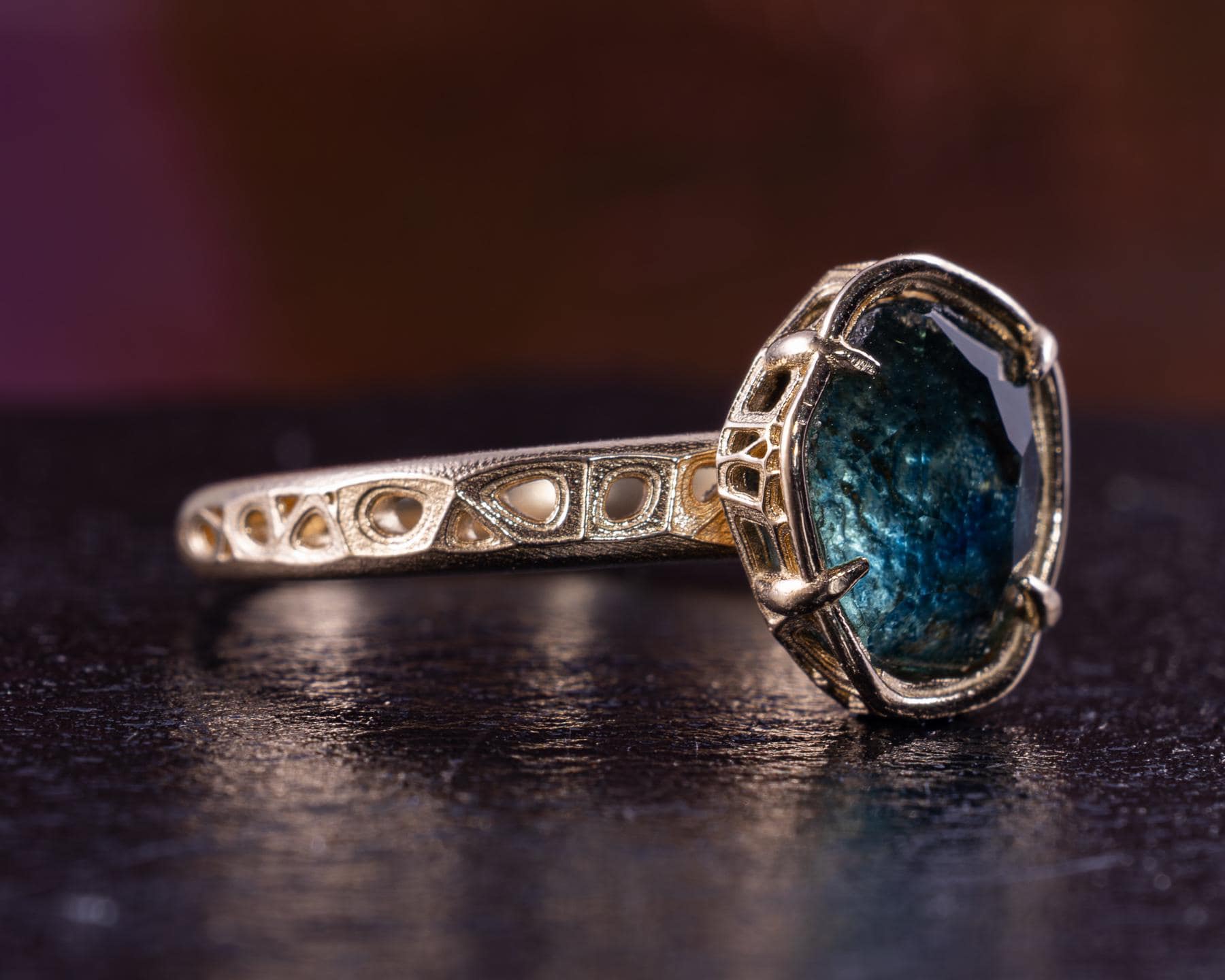 Blue Green Montana Sapphire Ring in 14k Yellow Gold, Hand-Finished Lattice, One of a Kind 14k gold, yellow gold, Montana Sapphire, blue green sapphire