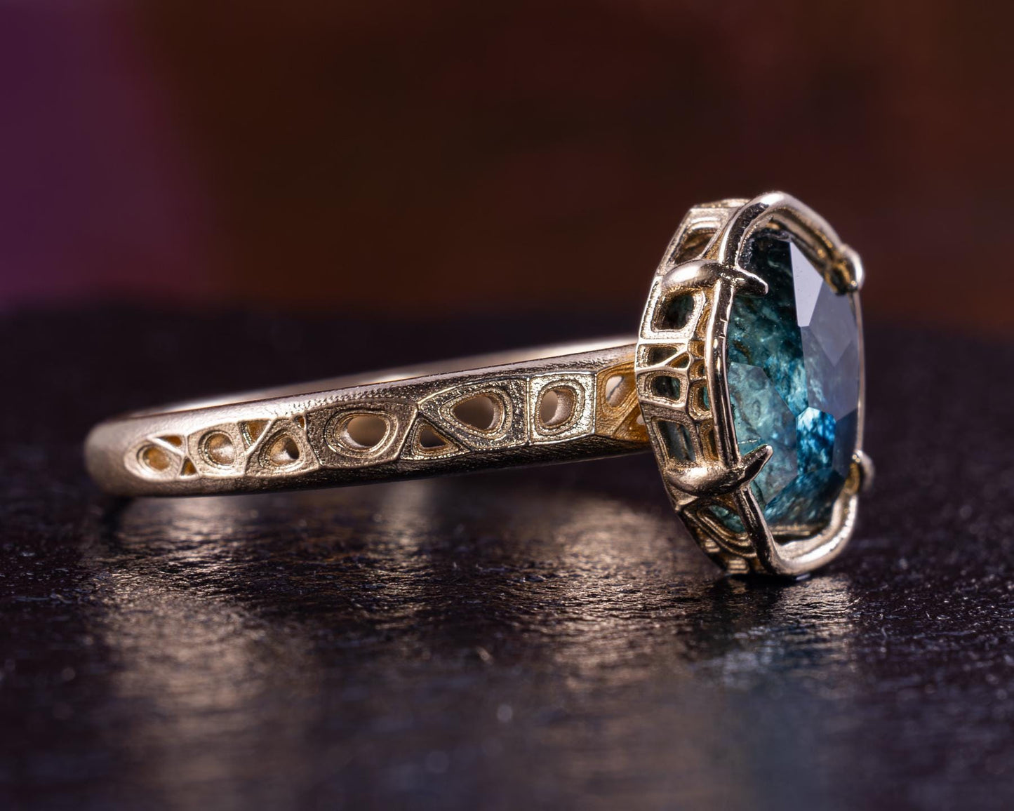 Blue Green Montana Sapphire Ring in 14k Yellow Gold, Hand-Finished Lattice, One of a Kind 14k gold, yellow gold, Montana Sapphire, blue green sapphire