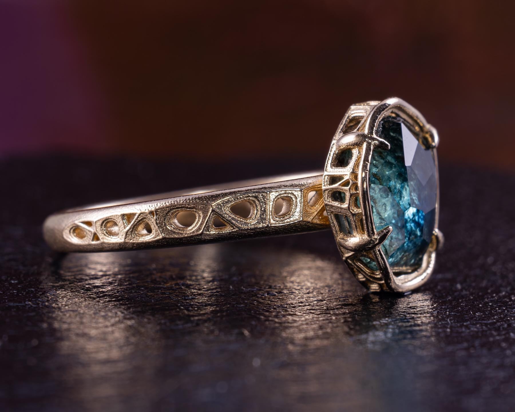 Blue Green Montana Sapphire Ring in 14k Yellow Gold, Hand-Finished Lattice, One of a Kind 14k gold, yellow gold, Montana Sapphire, blue green sapphire