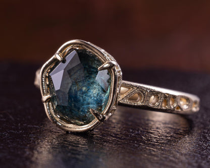 Blue Green Montana Sapphire Ring in 14k Yellow Gold, Hand-Finished Lattice, One of a Kind 14k gold, yellow gold, Montana Sapphire, blue green sapphire