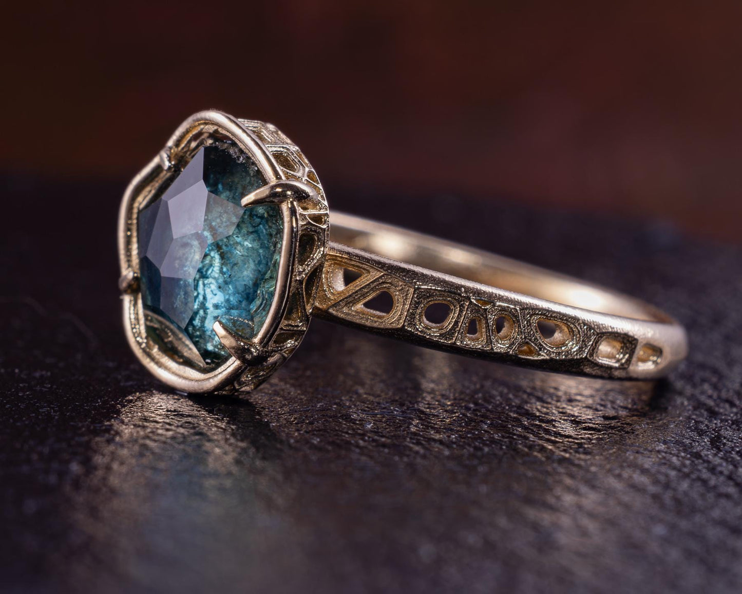 Blue Green Montana Sapphire Ring in 14k Yellow Gold, Hand-Finished Lattice, One of a Kind 14k gold, yellow gold, Montana Sapphire, blue green sapphire