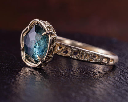 Blue Green Montana Sapphire Ring in 14k Yellow Gold, Hand-Finished Lattice, One of a Kind 14k gold, yellow gold, Montana Sapphire, blue green sapphire