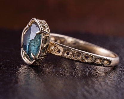 Blue Green Montana Sapphire Ring in 14k Yellow Gold, Hand-Finished Lattice, One of a Kind 14k gold, yellow gold, Montana Sapphire, blue green sapphire