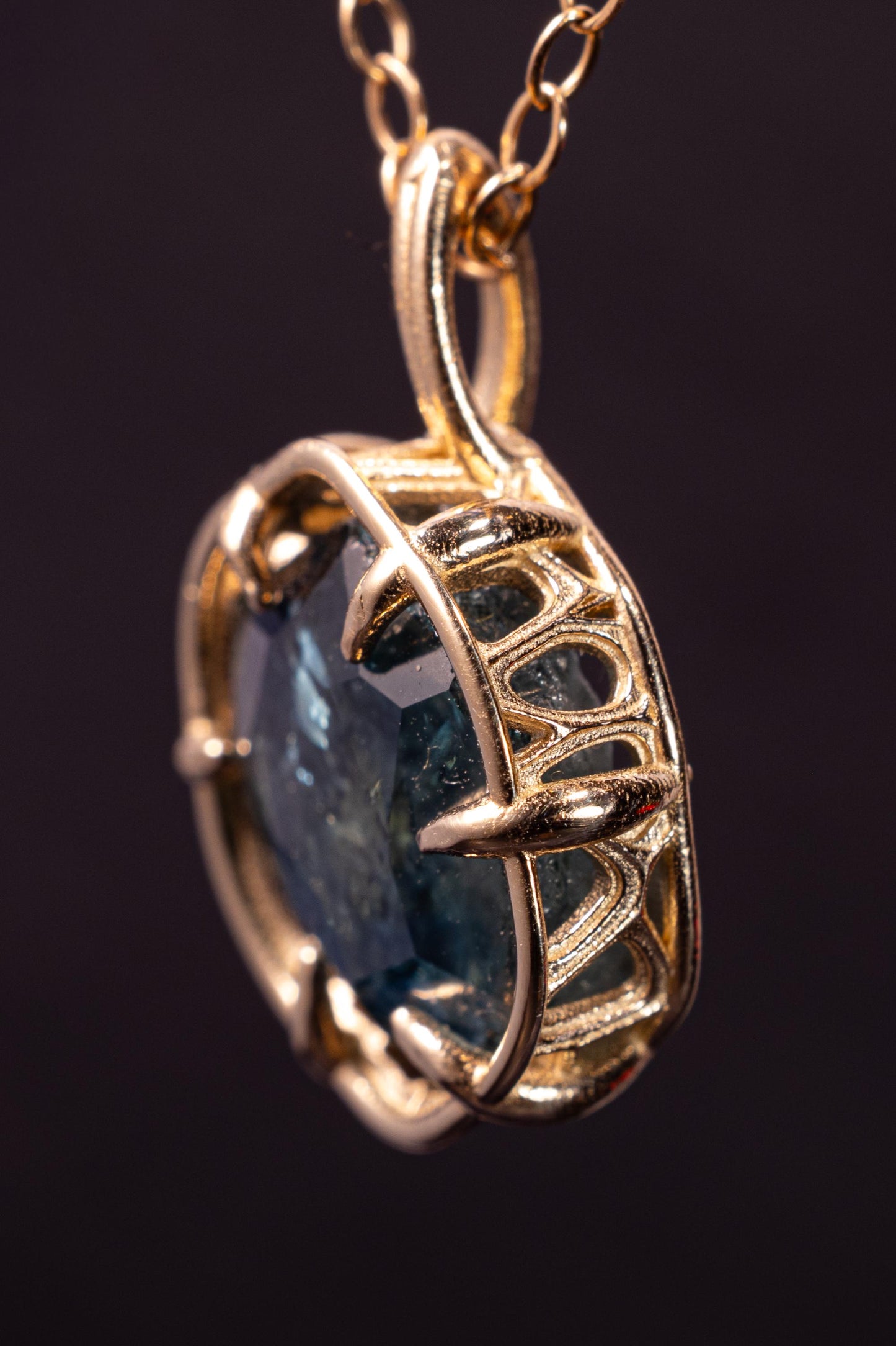Hand Cut Montana Sapphire Pendant in 14k Yellow Gold 