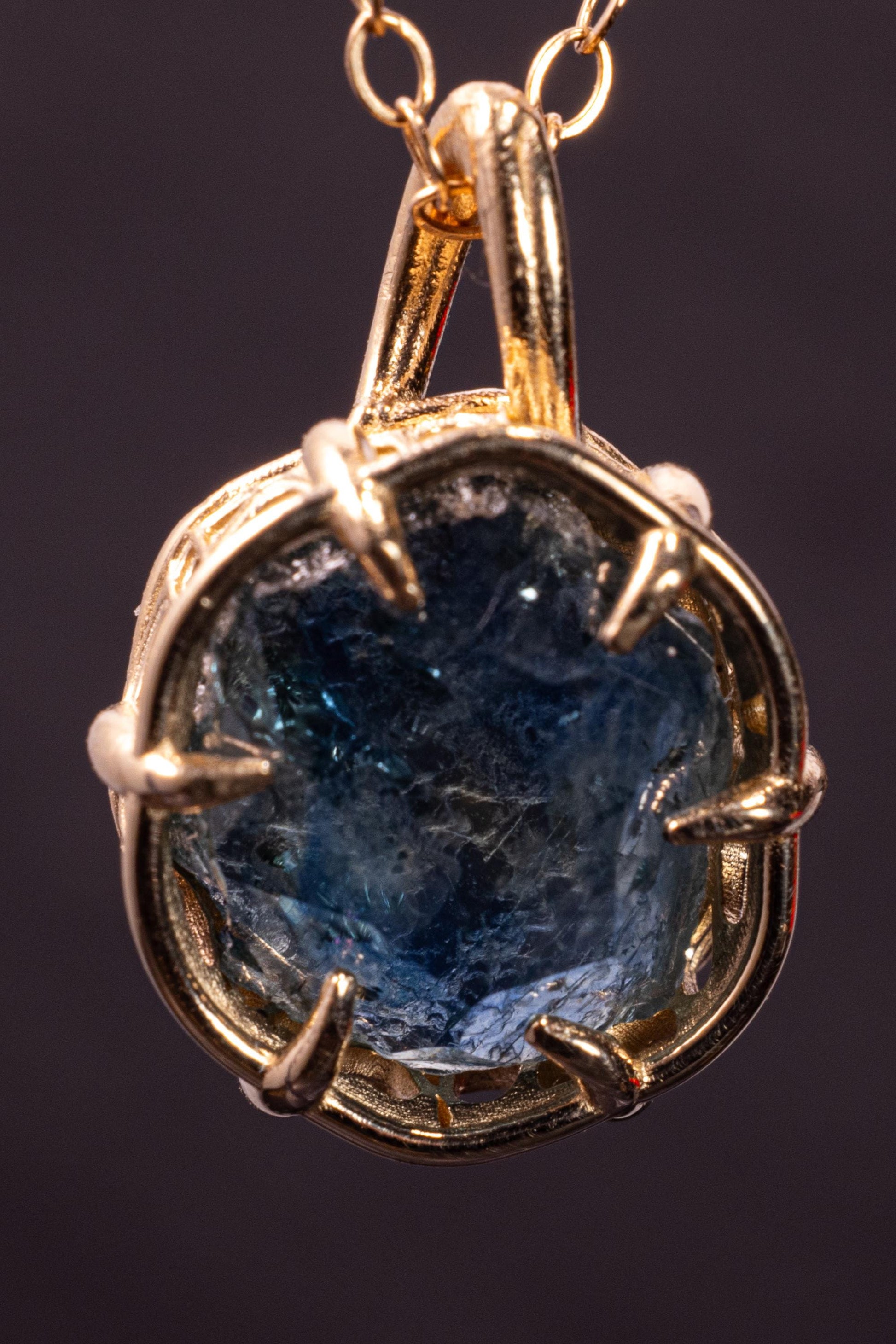 Hand Cut Montana Sapphire Pendant in 14k Yellow Gold 