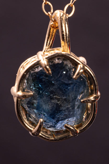 Hand Cut Montana Sapphire Pendant in 14k Yellow Gold 