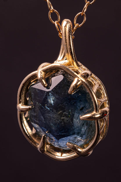 Hand Cut Montana Sapphire Pendant in 14k Yellow Gold 