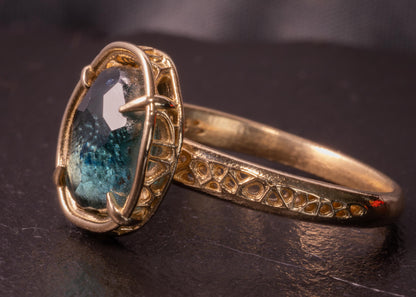 Hand Cut Blue Green Montana Sapphire Ring in 14k Yellow Gold, One of a Kind, Lattice Setting 