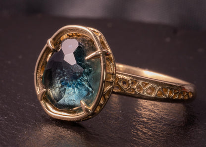 Hand Cut Blue Green Montana Sapphire Ring in 14k Yellow Gold, One of a Kind, Lattice Setting 