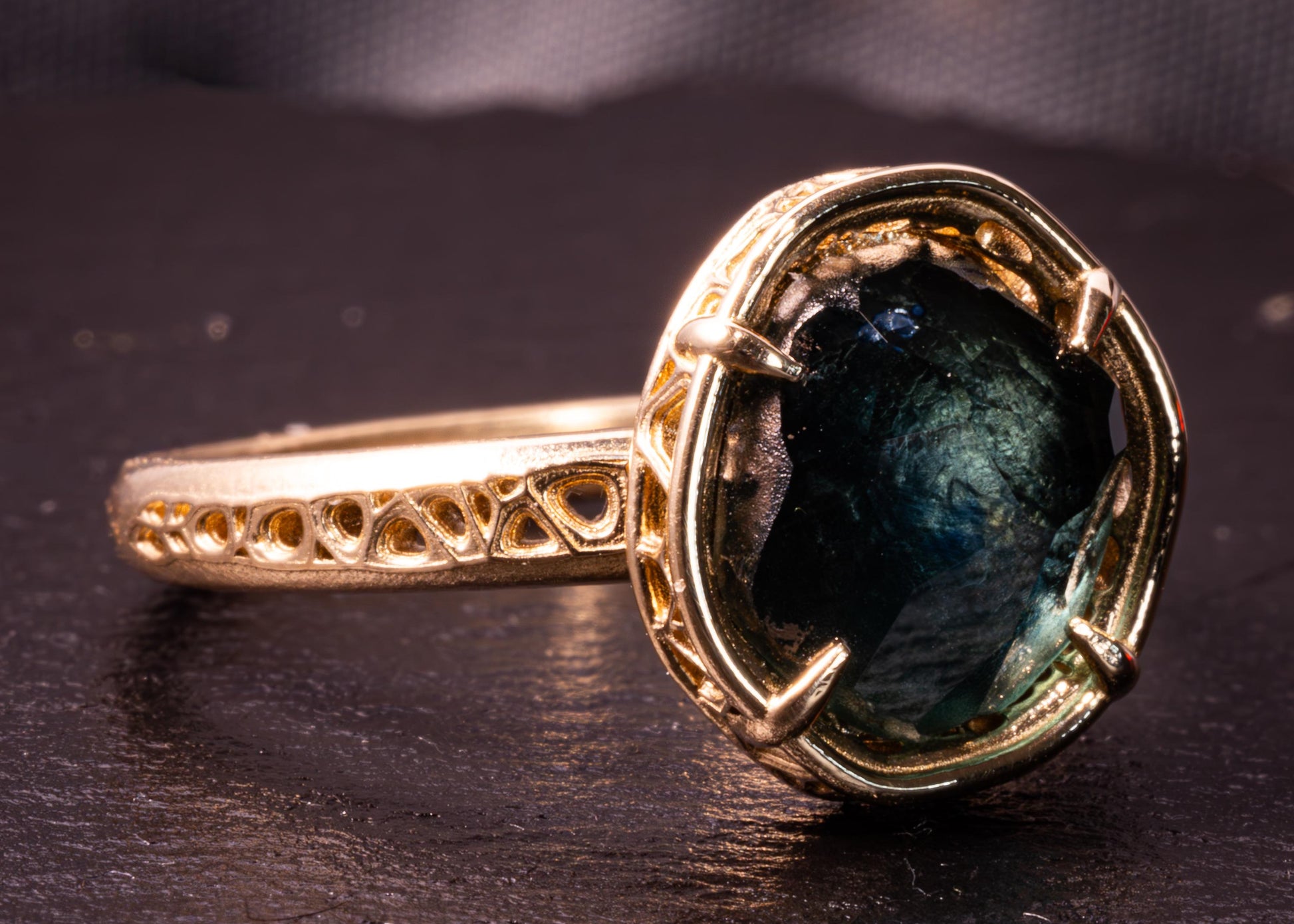 Hand Cut Blue Green Montana Sapphire Ring in 14k Yellow Gold, One of a Kind, Lattice Setting 