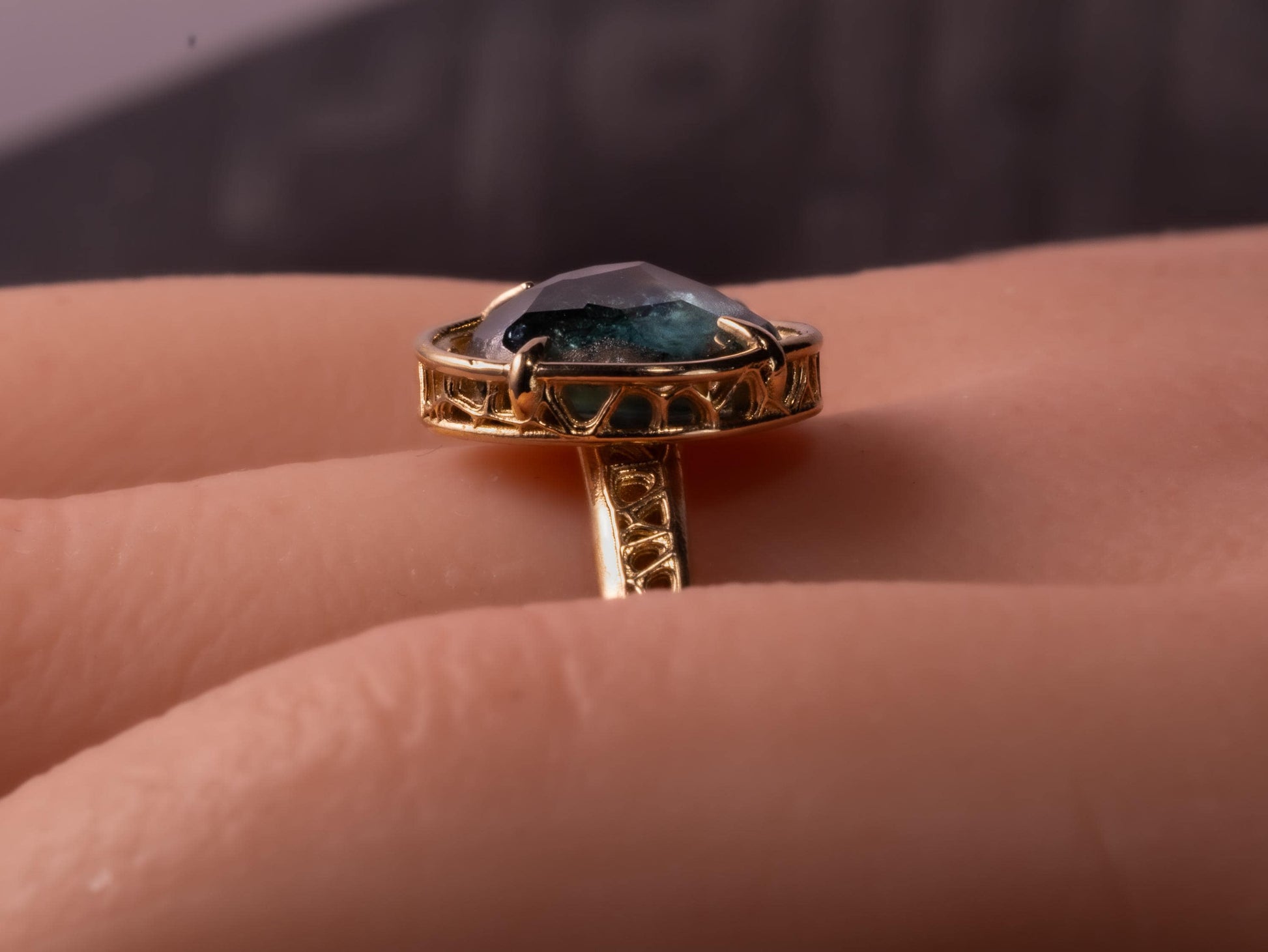Hand Cut Blue Green Montana Sapphire Ring in 14k Yellow Gold, One of a Kind, Lattice Setting 
