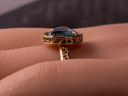 Hand Cut Blue Green Montana Sapphire Ring in 14k Yellow Gold, One of a Kind, Lattice Setting 