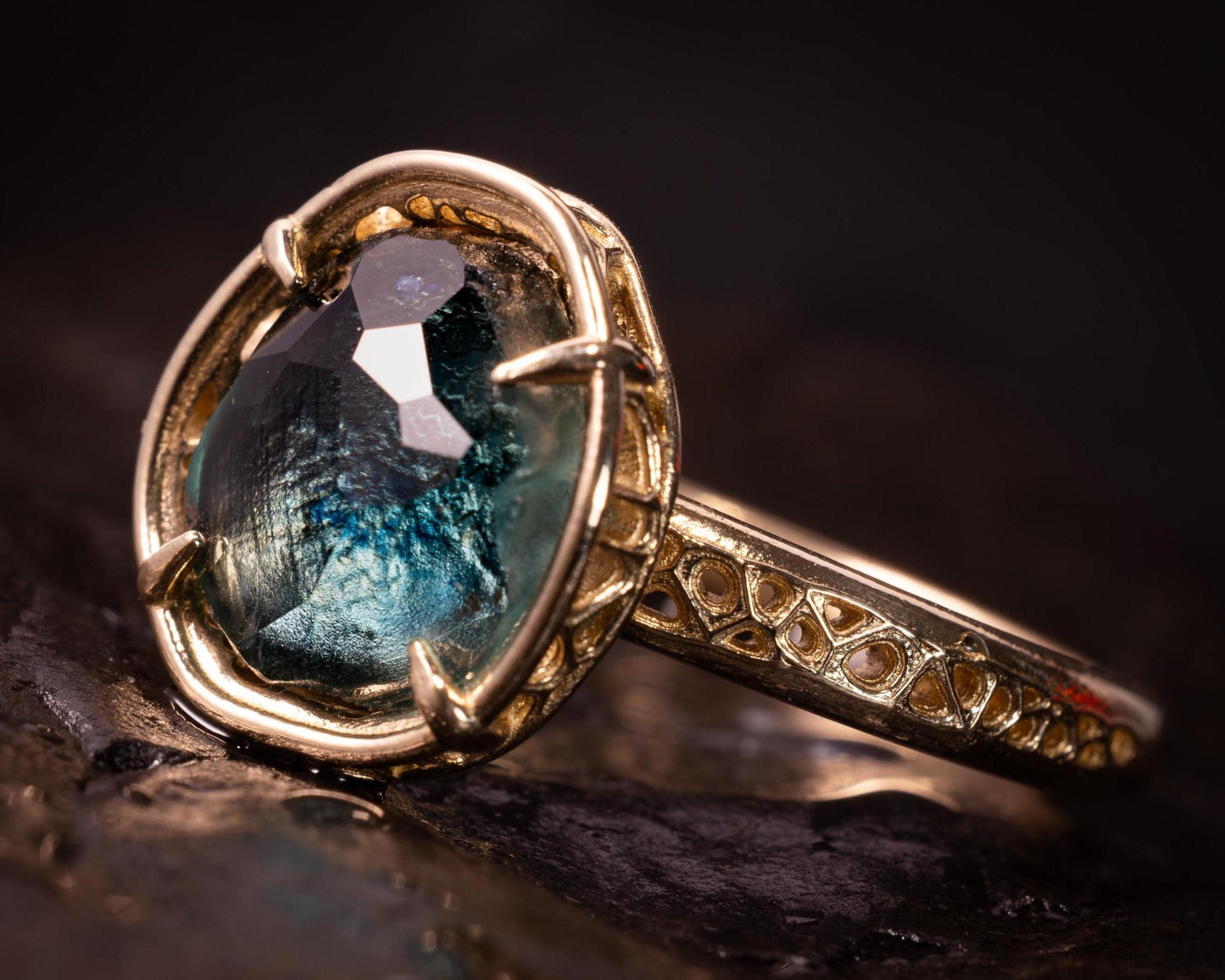 Hand Cut Blue Green Montana Sapphire Ring in 14k Yellow Gold, One of a Kind, Lattice Setting 