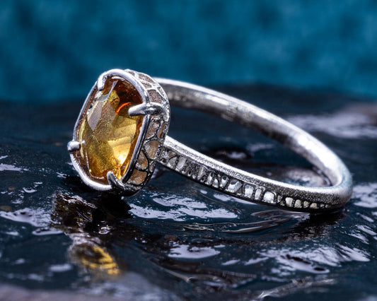 Hand Faceted Golden Sapphire Ring – Sculptural Sterling Silver Lattice Statement ring item 1046 Sterling Silver, sapphire