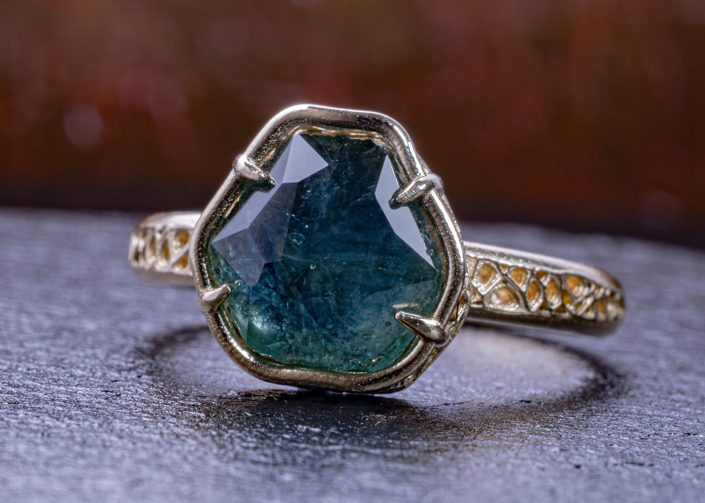 Blue Green Montana Sapphire Ring in 14k Yellow Gold, Hand-Finished Lattice, One of a Kind 14k gold, yellow gold, Montana Sapphire, blue green sapphire