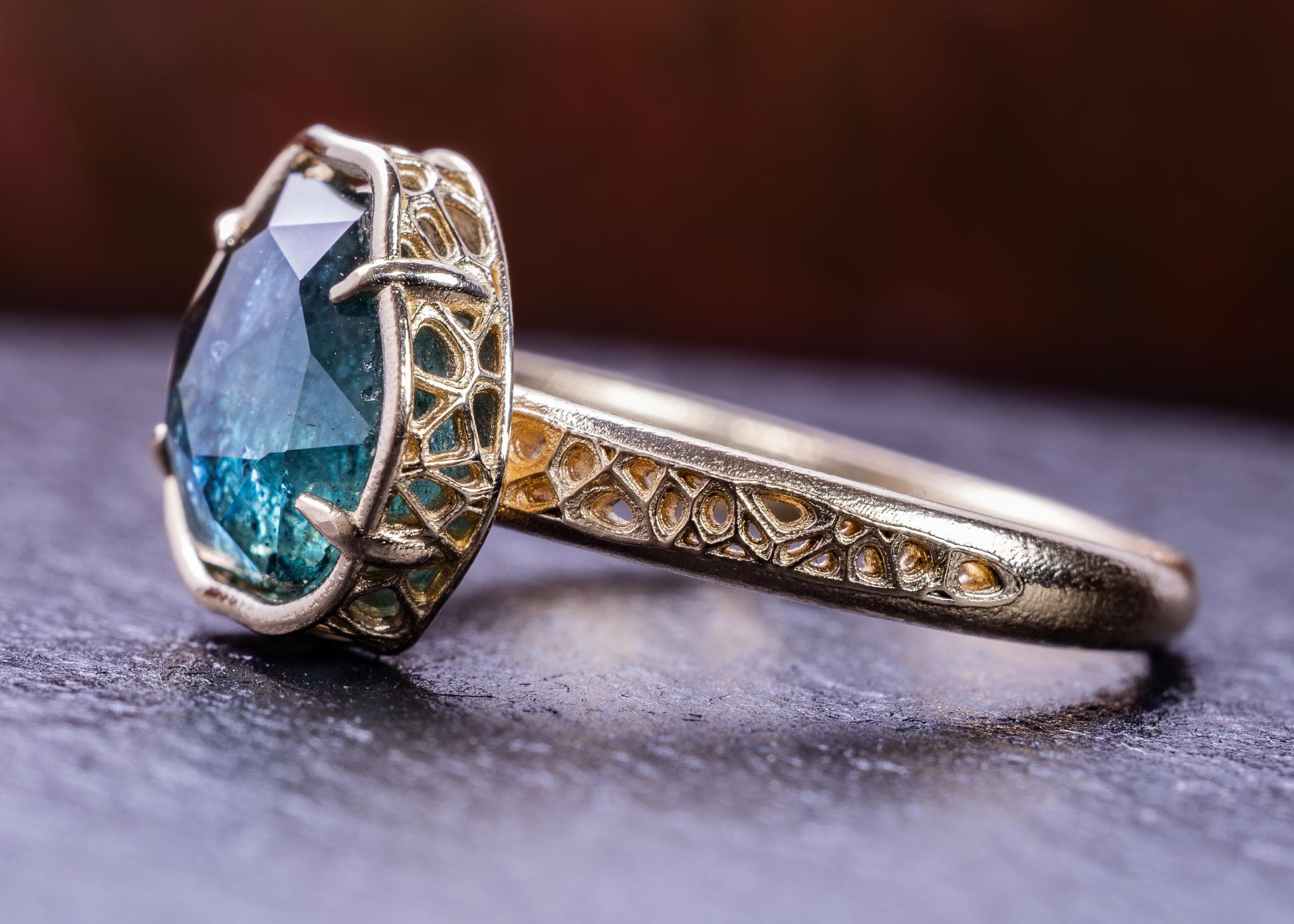 Blue Green Montana Sapphire Ring in 14k Yellow Gold, Hand-Finished Lattice, One of a Kind 14k gold, yellow gold, Montana Sapphire, blue green sapphire