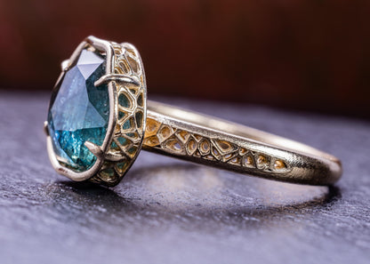 Blue Green Montana Sapphire Ring in 14k Yellow Gold, Hand-Finished Lattice, One of a Kind 14k gold, yellow gold, Montana Sapphire, blue green sapphire