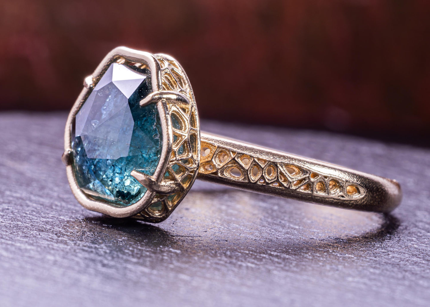 Blue Green Montana Sapphire Ring in 14k Yellow Gold, Hand-Finished Lattice, One of a Kind 14k gold, yellow gold, Montana Sapphire, blue green sapphire