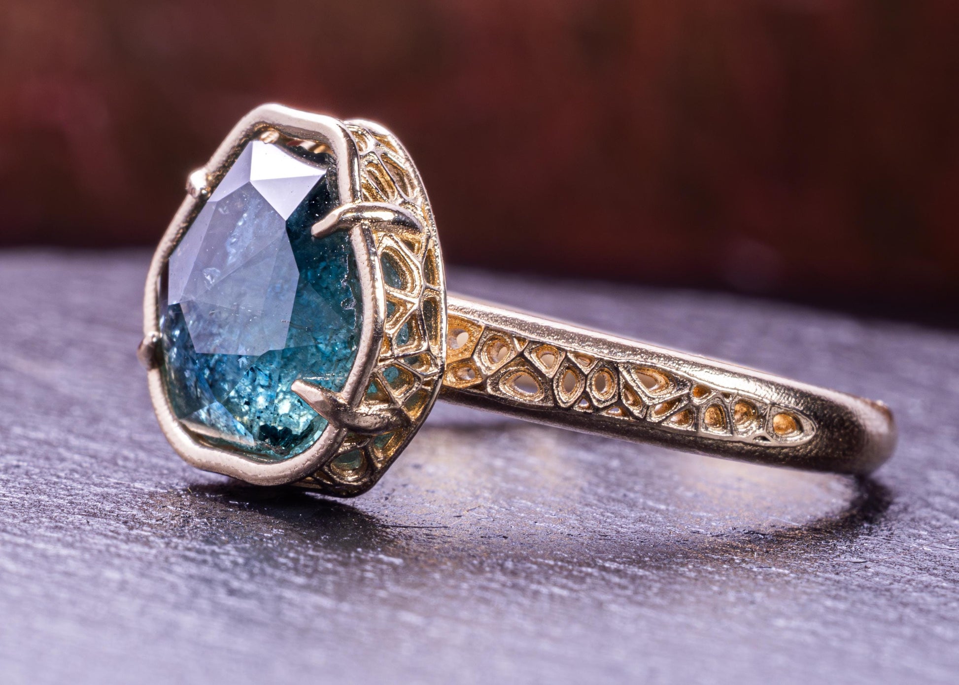 Blue Green Montana Sapphire Ring in 14k Yellow Gold, Hand-Finished Lattice, One of a Kind 14k gold, yellow gold, Montana Sapphire, blue green sapphire