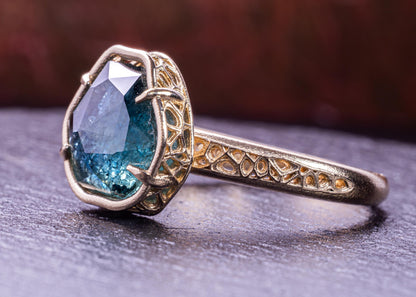Blue Green Montana Sapphire Ring in 14k Yellow Gold, Hand-Finished Lattice, One of a Kind 14k gold, yellow gold, Montana Sapphire, blue green sapphire