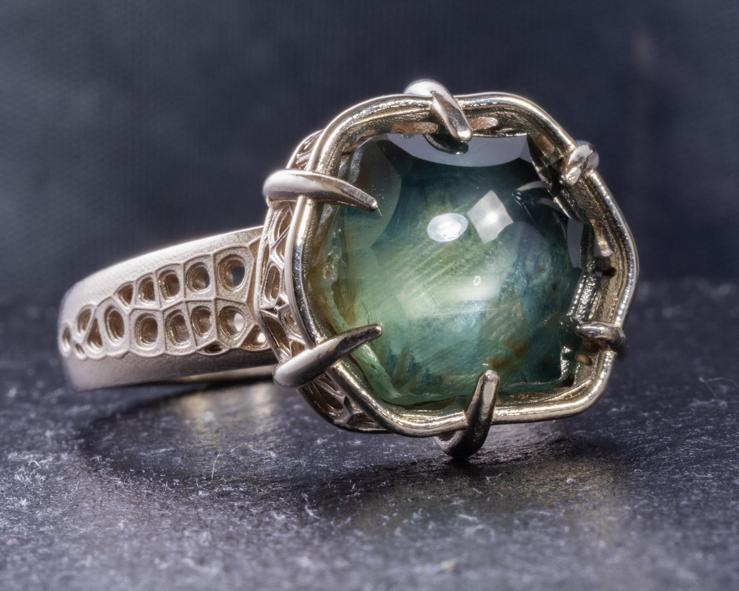 Montana Sapphire Ring 10.77ct Unheated | Hand Cut Gemstone | 14k White Gold | Teal Blue | Artisan Statement 