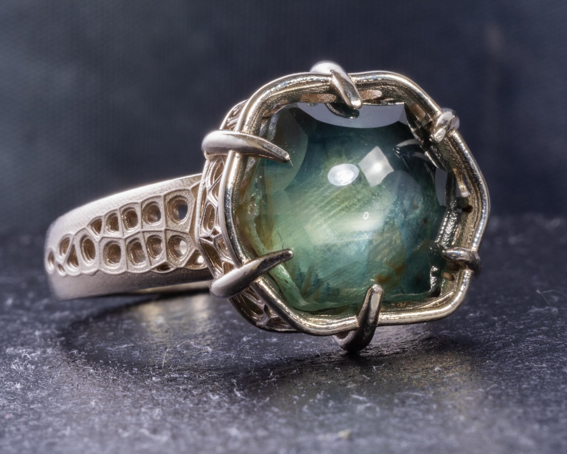 Montana Sapphire Ring 10.77ct Unheated | Hand Cut Gemstone | 14k White Gold | Teal Blue | Artisan Statement 