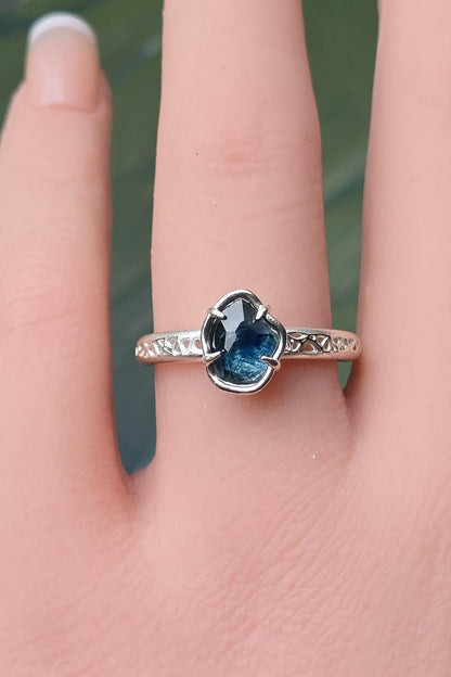 Hand Cut Montana Sapphire Ring in Sterling Silver, Blue Green Sapphire Solitaire 