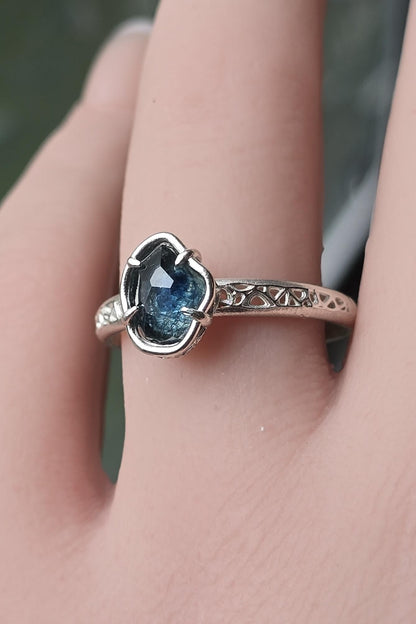 Hand Cut Montana Sapphire Ring in Sterling Silver, Blue Green Sapphire Solitaire 