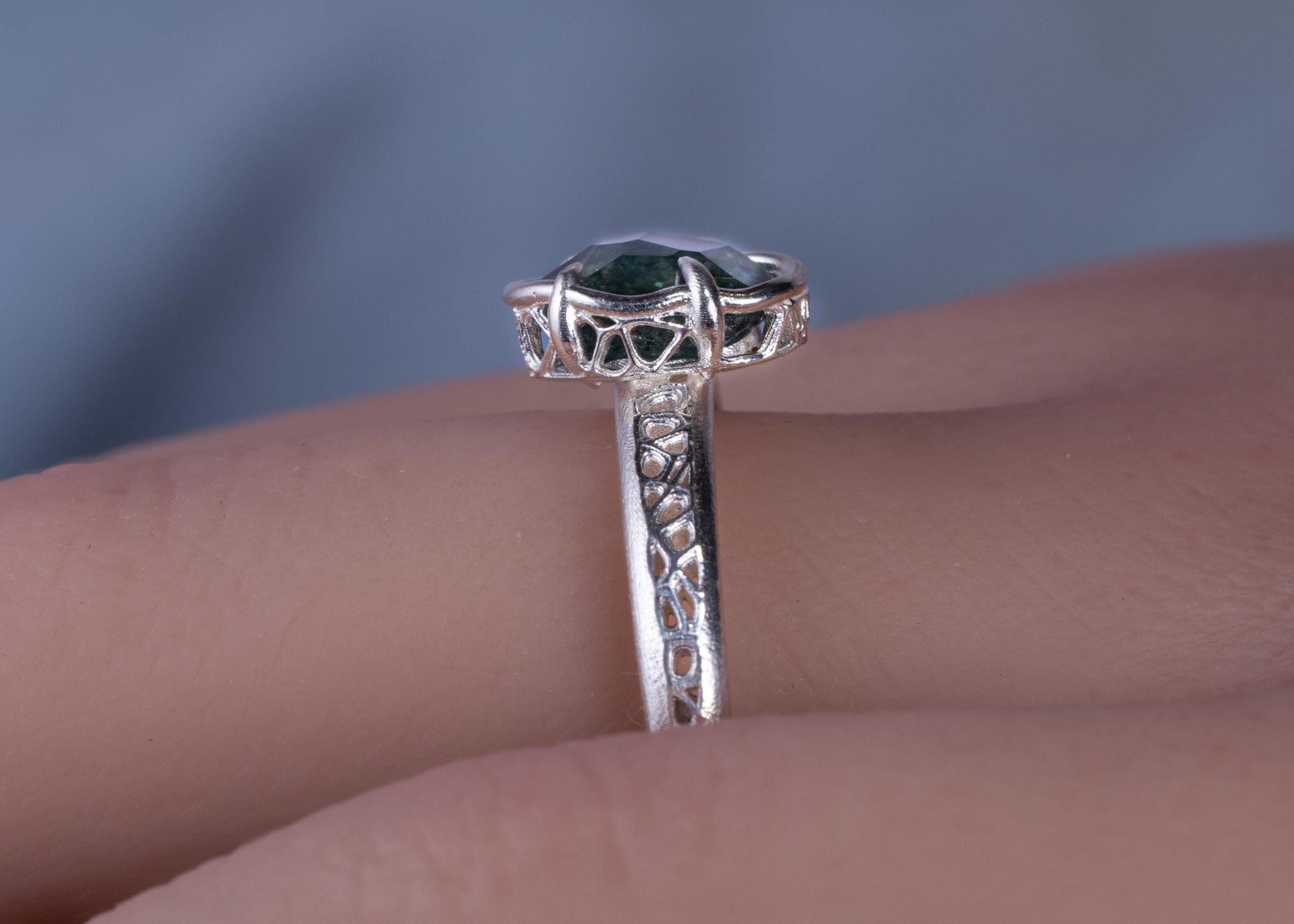 Hand Cut Montana Sapphire Ring in Sterling Silver, Blue Green Sapphire Solitaire 
