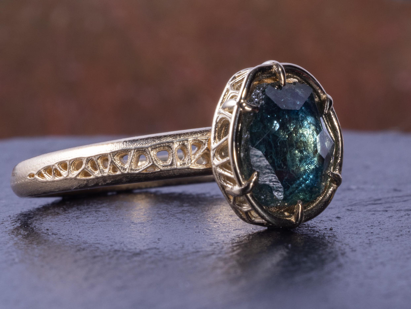 Montana Sapphire Ring in 14k Yellow Gold – Blue Green Sapphire, Organic Prong Setting, One of a Kind 