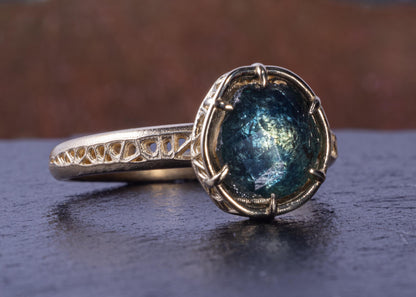 Montana Sapphire Ring in 14k Yellow Gold – Blue Green Sapphire, Organic Prong Setting, One of a Kind 