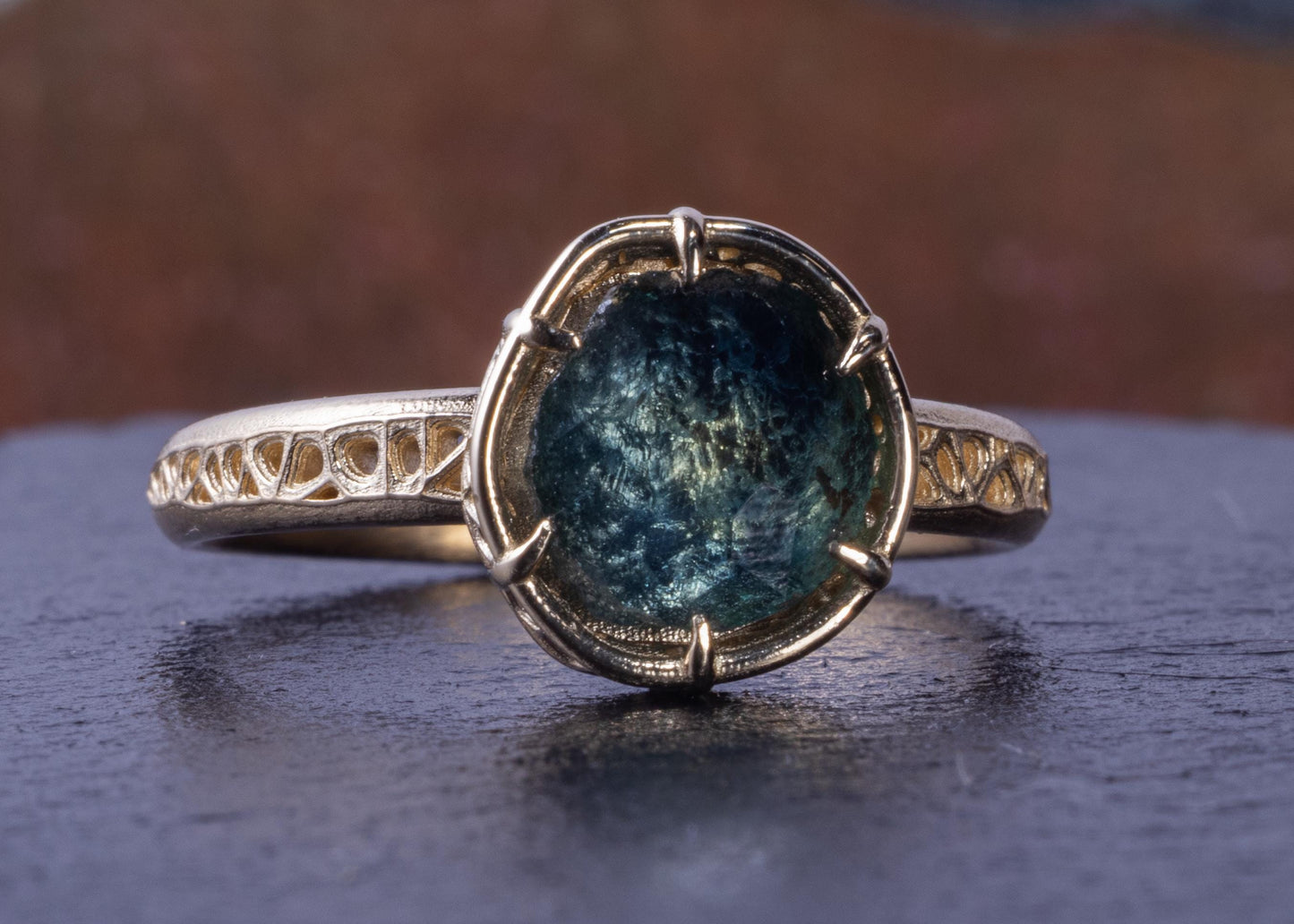 Montana Sapphire Ring in 14k Yellow Gold – Blue Green Sapphire, Organic Prong Setting, One of a Kind 
