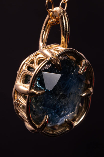 Hand Cut Montana Sapphire Pendant in 14k Yellow Gold 