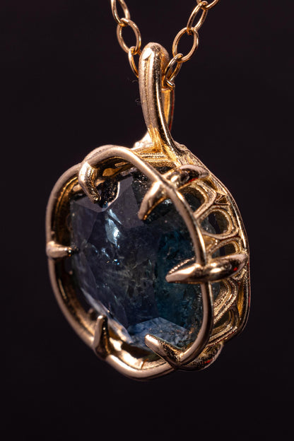 Hand Cut Montana Sapphire Pendant in 14k Yellow Gold 
