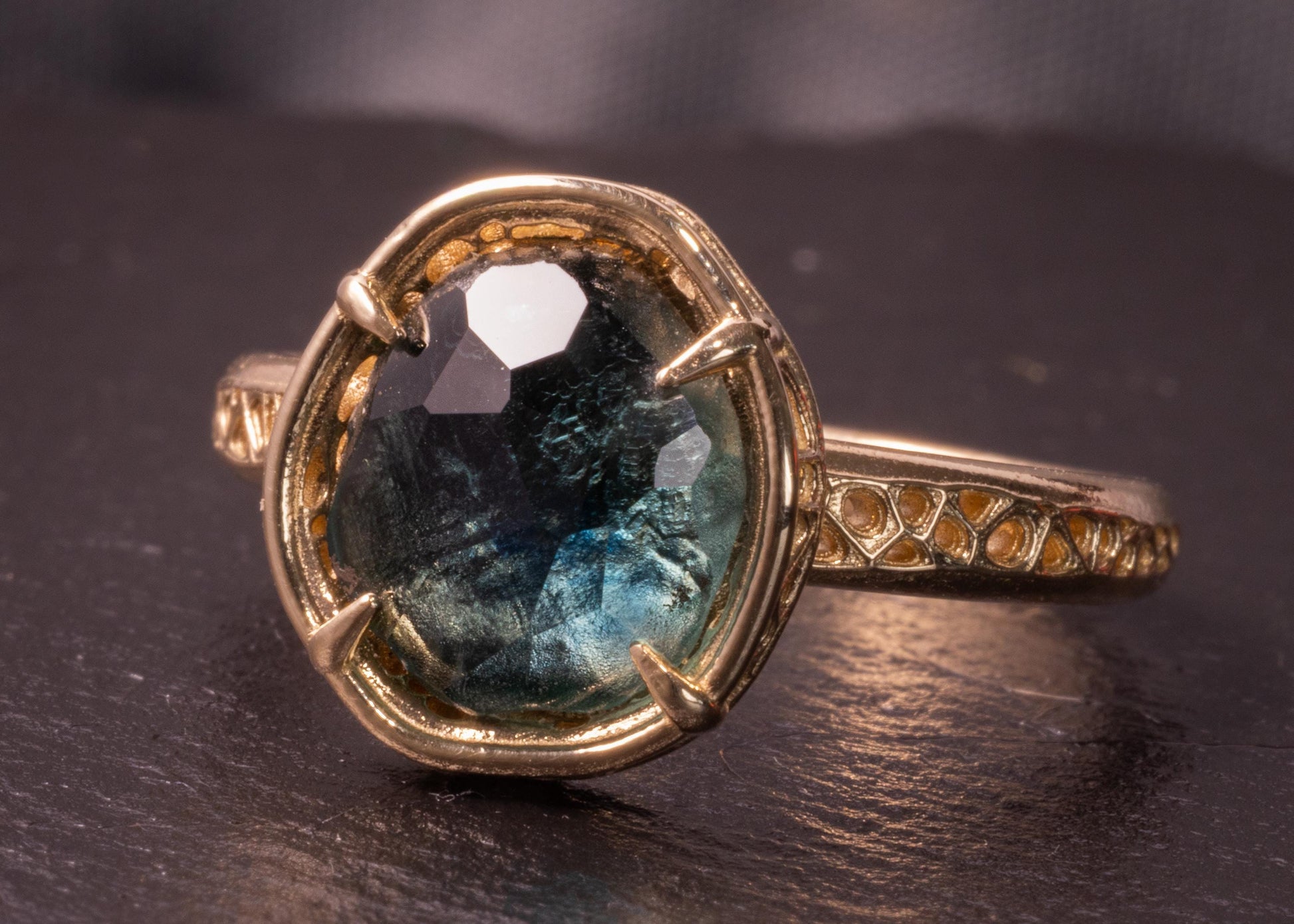 Hand Cut Blue Green Montana Sapphire Ring in 14k Yellow Gold, One of a Kind, Lattice Setting 
