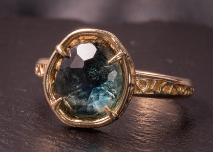 Hand Cut Blue Green Montana Sapphire Ring in 14k Yellow Gold, One of a Kind, Lattice Setting 