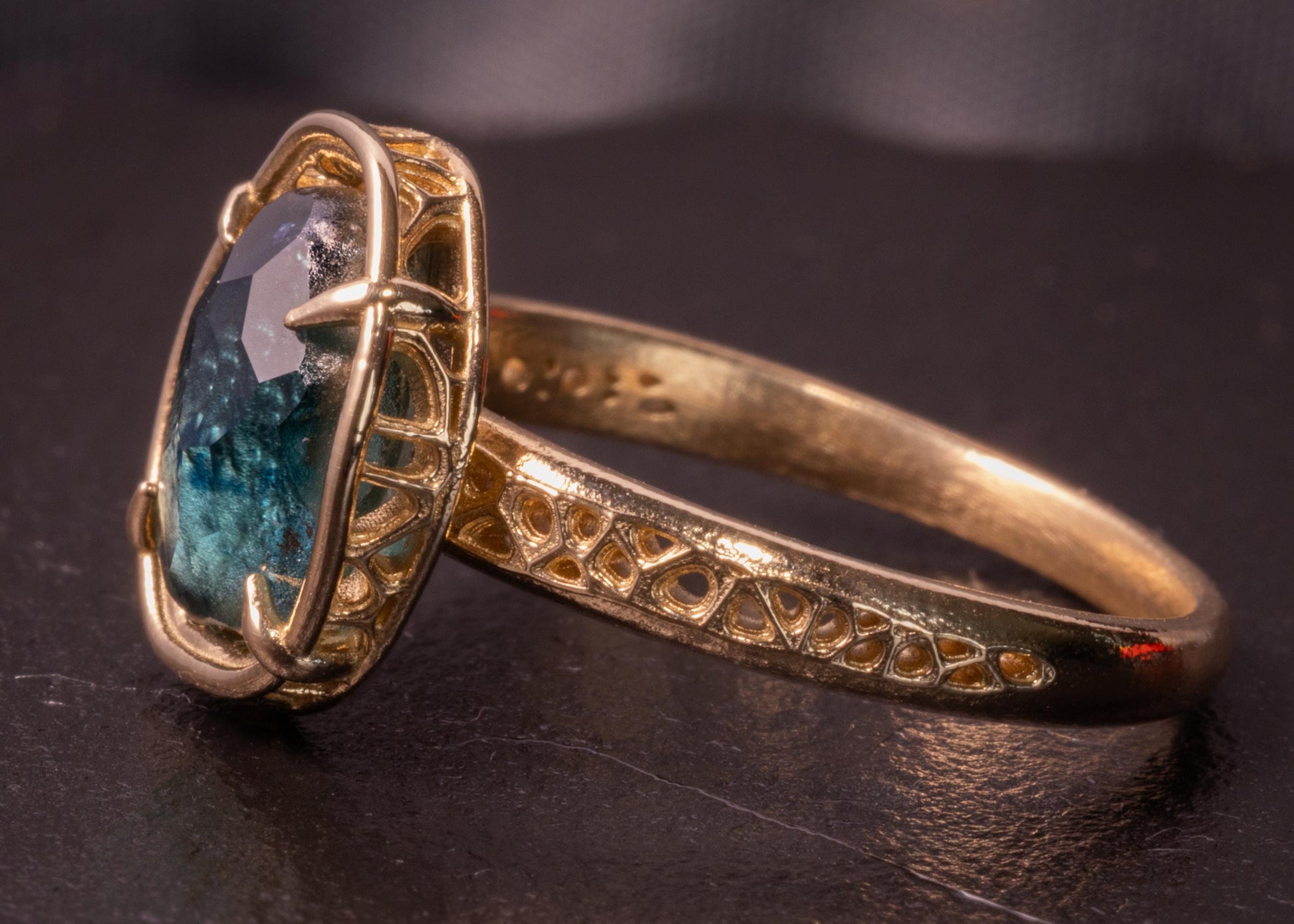 Hand Cut Blue Green Montana Sapphire Ring in 14k Yellow Gold, One of a Kind, Lattice Setting 