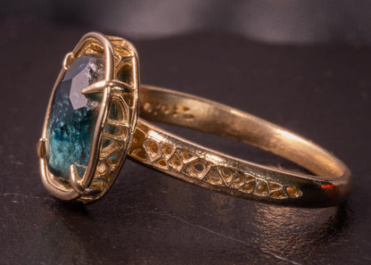 Hand Cut Blue Green Montana Sapphire Ring in 14k Yellow Gold, One of a Kind, Lattice Setting 