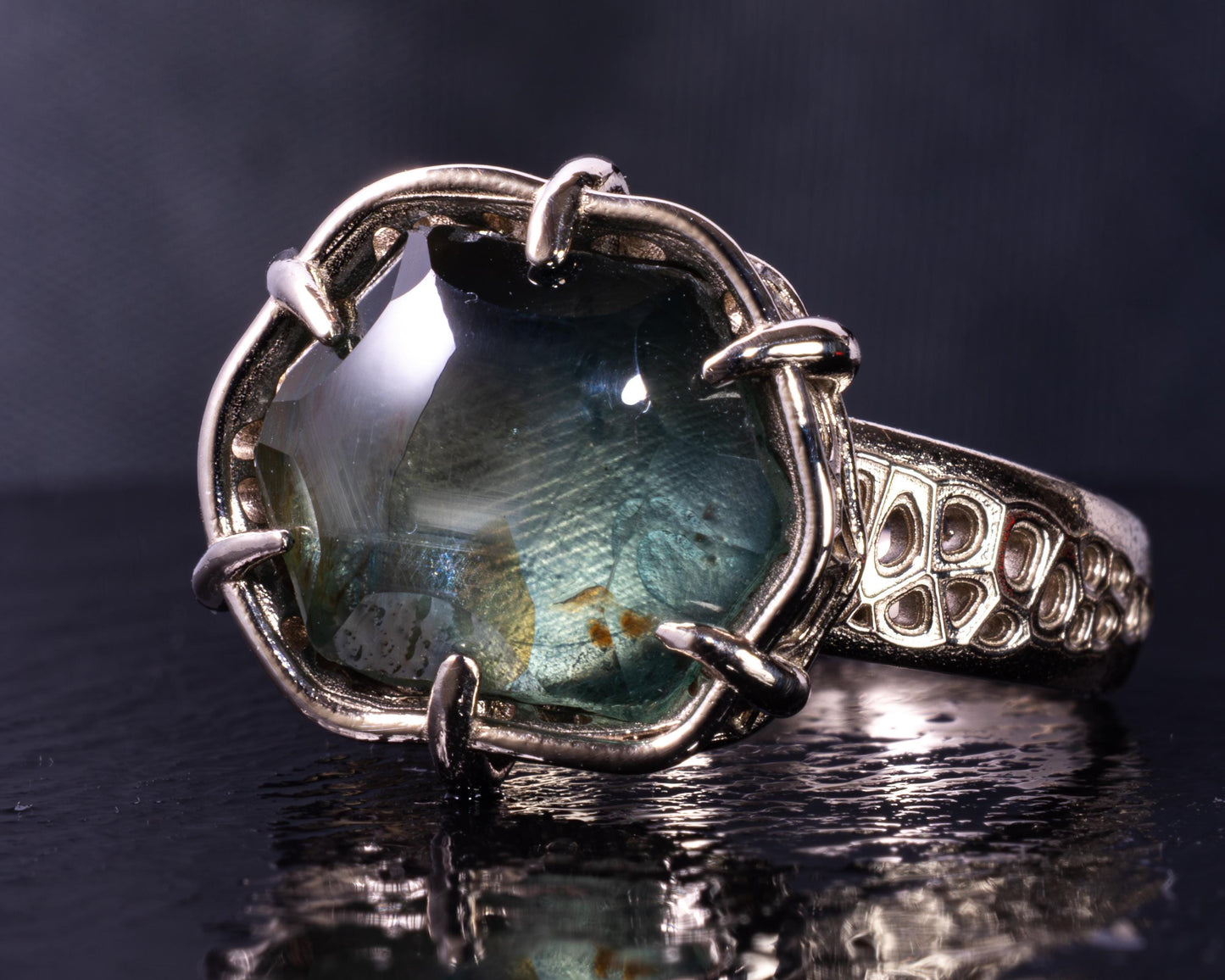Montana Sapphire Ring 10.77ct Unheated | Hand Cut Gemstone | 14k White Gold | Teal Blue | Artisan Statement 