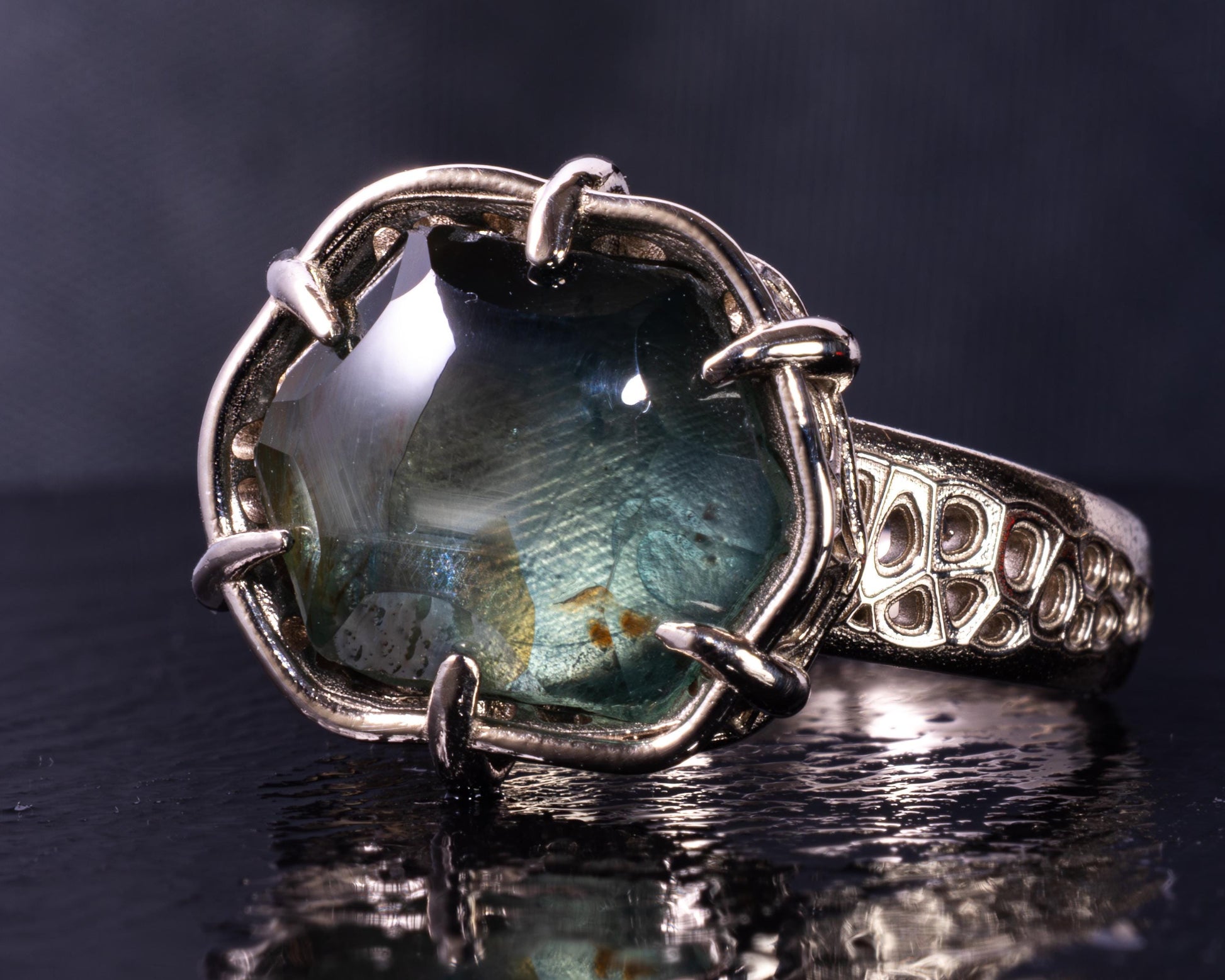 Montana Sapphire Ring 10.77ct Unheated | Hand Cut Gemstone | 14k White Gold | Teal Blue | Artisan Statement 