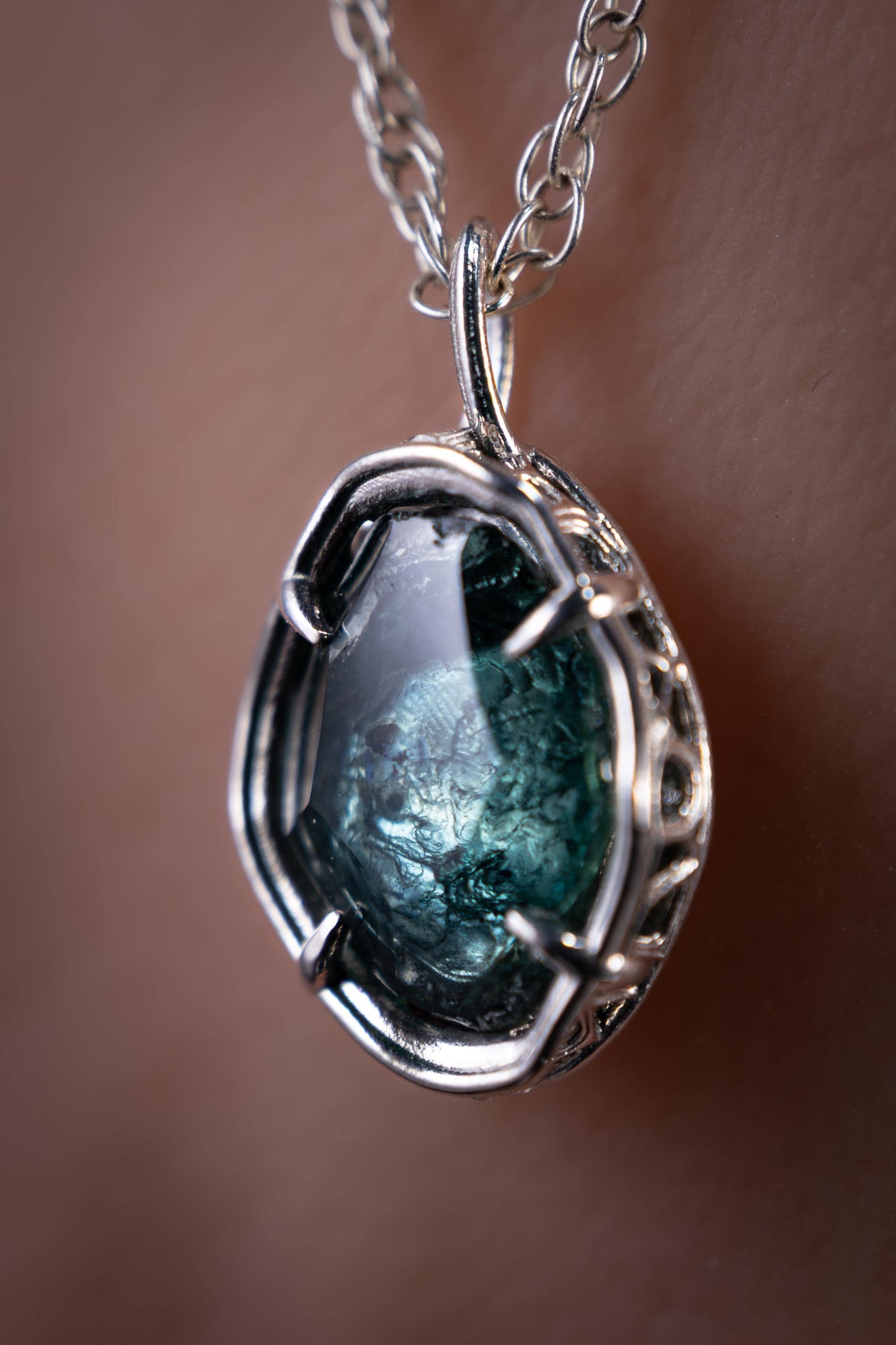 Green Blue Montana Sapphire Pendant, Hand Cut Portal Gemstone, Sterling Silver 