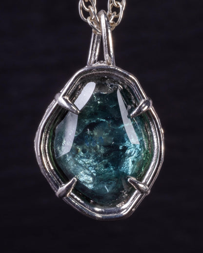 Green Blue Montana Sapphire Pendant, Hand Cut Portal Gemstone, Sterling Silver 