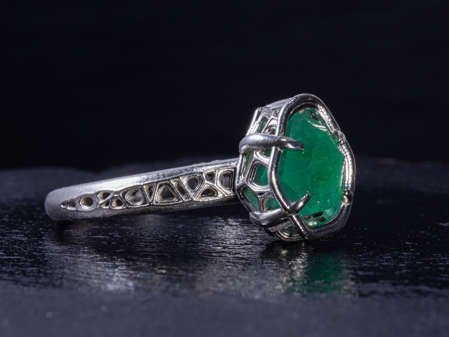 Natural Emerald Ring in Sterling Silver, Hand Cut Gemstone Ring, One of a Kind, Lattice Band, Size 6 