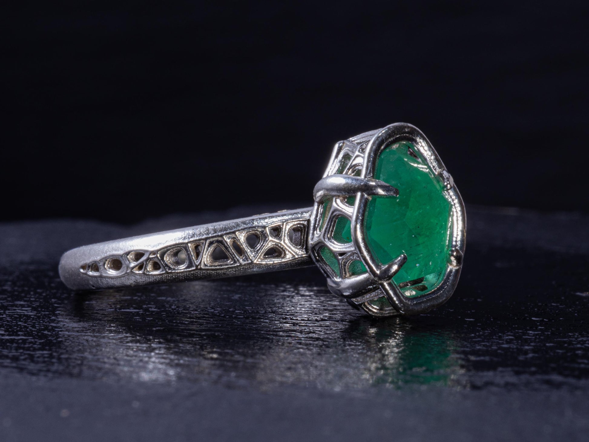 Natural Emerald Ring in Sterling Silver, Hand Cut Gemstone Ring, One of a Kind, Lattice Band, Size 6 