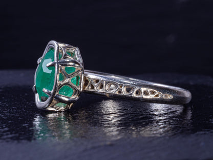 Natural Emerald Ring in Sterling Silver, Hand Cut Gemstone Ring, One of a Kind, Lattice Band, Size 6 