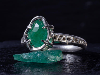 Natural Emerald Ring in Sterling Silver, Hand Cut Gemstone Ring, One of a Kind, Lattice Band, Size 6 