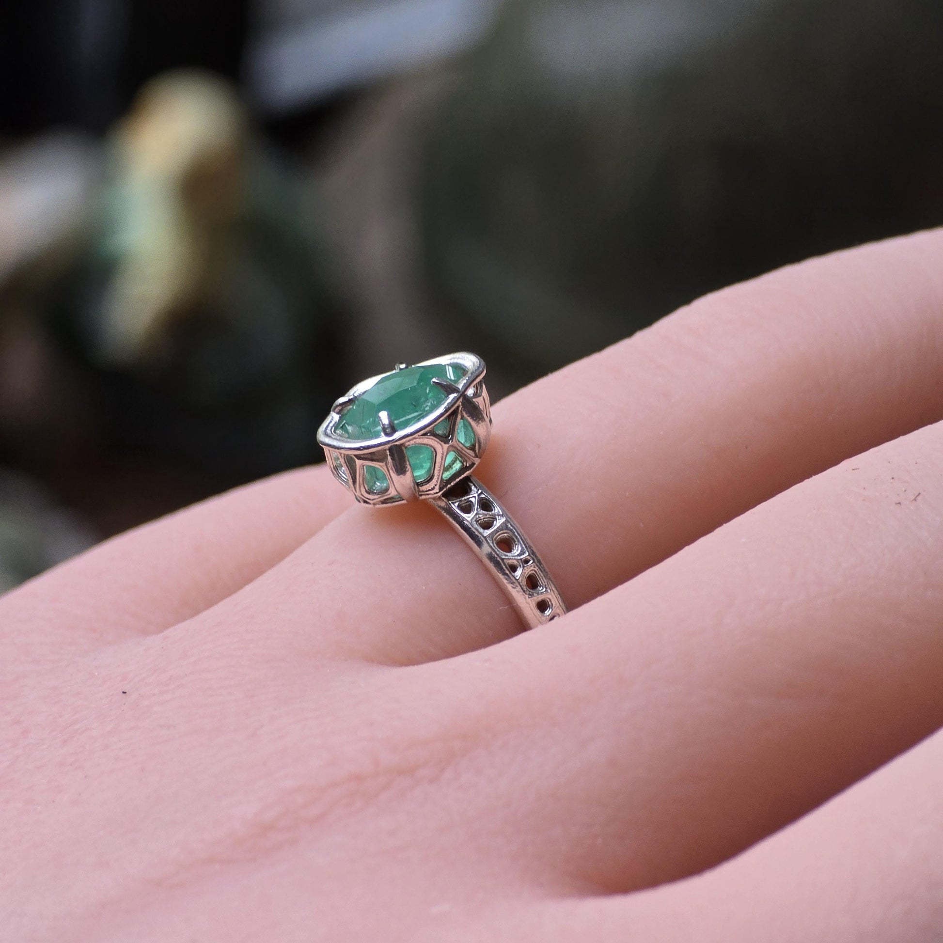 Natural Emerald Ring in Sterling Silver, Hand Cut Gemstone Ring, One of a Kind, Lattice Band, Size 6 