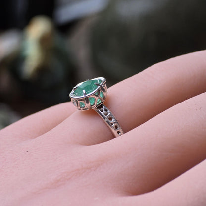 Natural Emerald Ring in Sterling Silver, Hand Cut Gemstone Ring, One of a Kind, Lattice Band, Size 6 