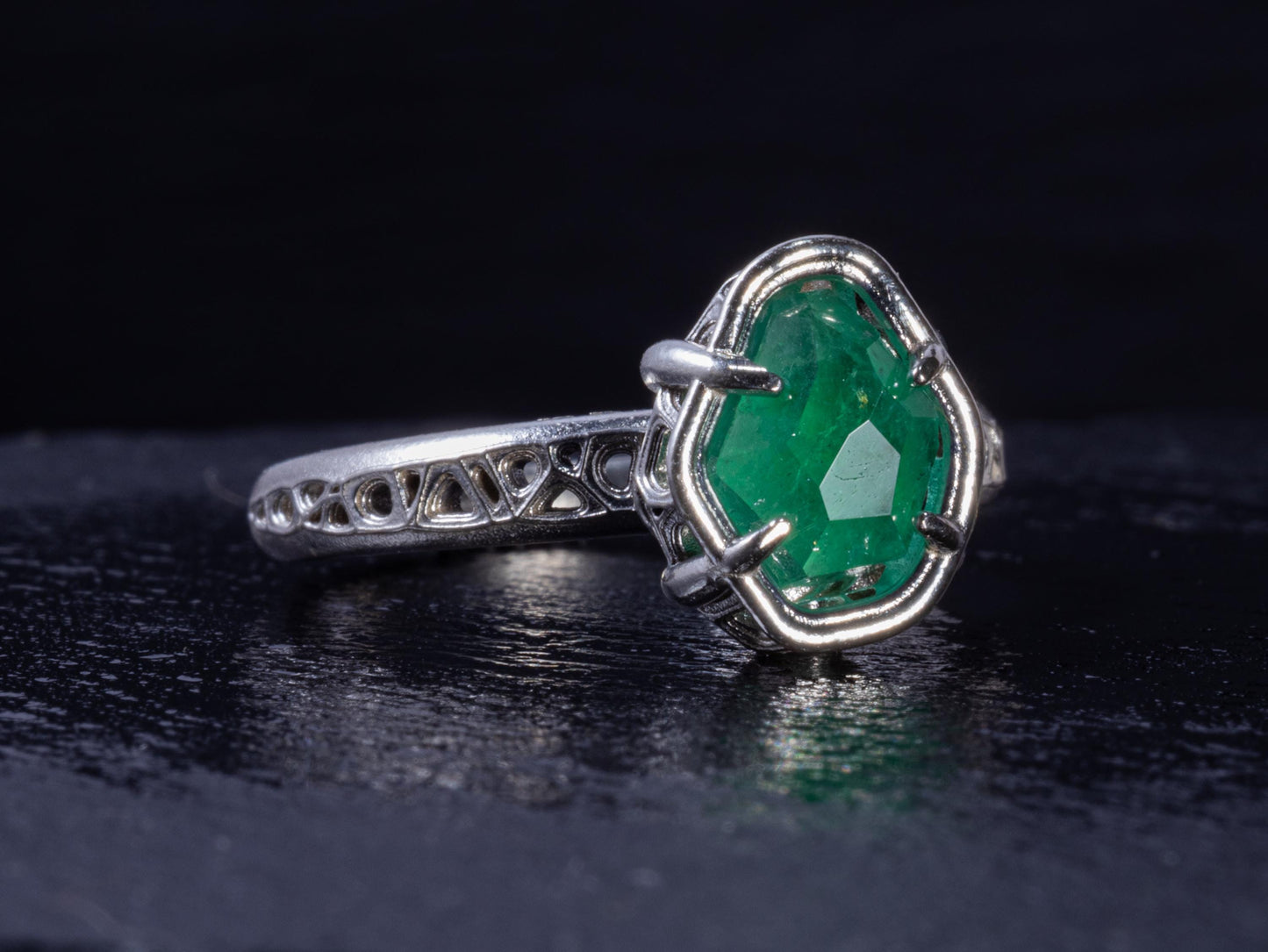 Natural Emerald Ring in Sterling Silver, Hand Cut Gemstone Ring, One of a Kind, Lattice Band, Size 6 